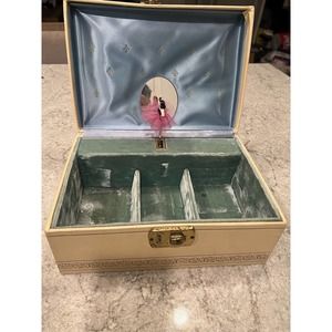 Vintage Off White Musical Jewelry Box Ballerina Dancer 2 Levels Velvet WORKS!